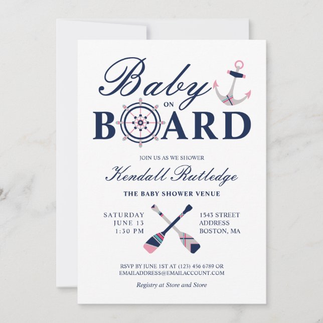 Invitation Ancre Nautique Bébé à bord Baby shower fille (Devant)