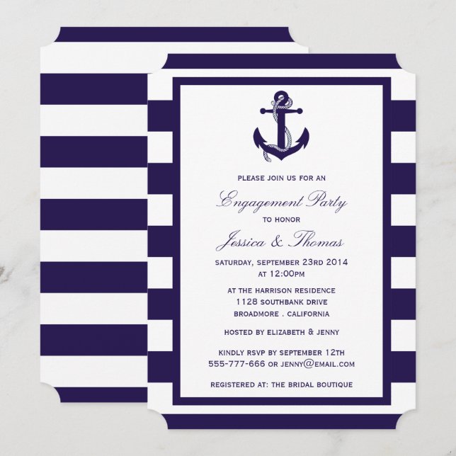 Invitation Ancre nautique Bleu Bleu de la Marine (Devant / Derrière)
