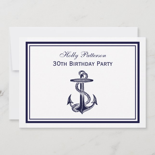 Invitation Ancre nautique Bleu marine encadré 2H fête d'anniv (Devant)