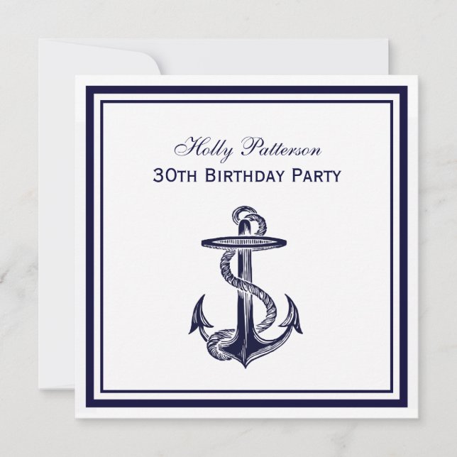 Invitation Ancre nautique Bleu marine encadré 2S fête d'anniv (Devant)