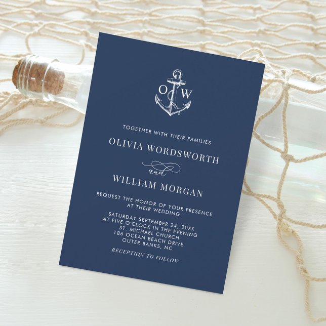 Invitation Ancre nautique bleu marine Monogramme Mariage mini (Créateur téléchargé)