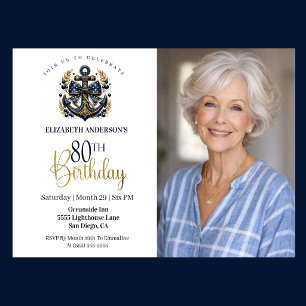 Invitation Ancre nautique bleue et or 80e anniversaire photo