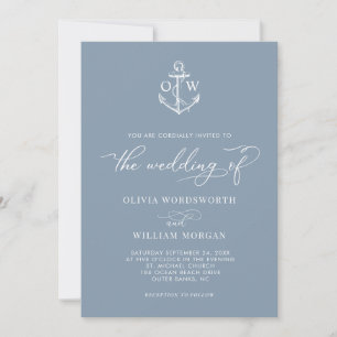 Invitation Ancre nautique Dusty Blue Monogram Mariage