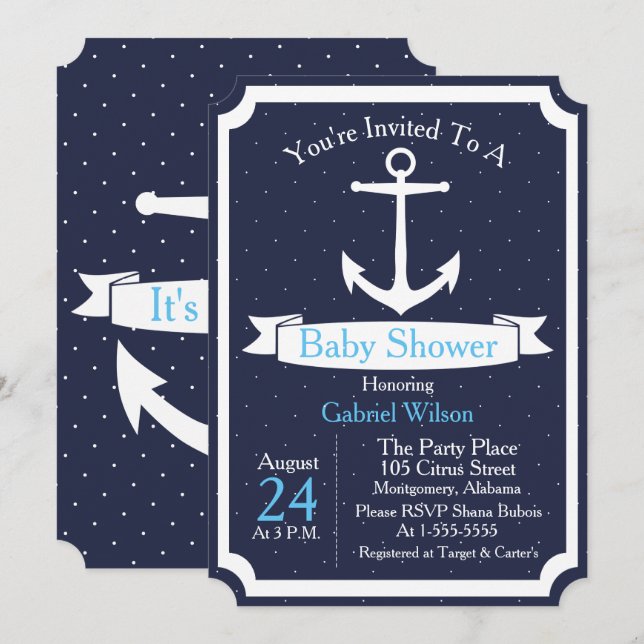 Invitation Ancre nautique et Baby shower bébé au ruban (Devant / Derrière)