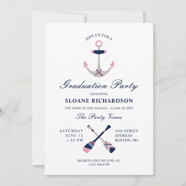Invitation Ancre nautique et Oars Marine Pink Graduation Part (Devant)