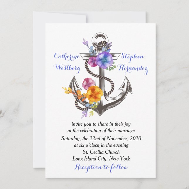 Invitation Ancre nautique Floral Blue Mariage (Devant)