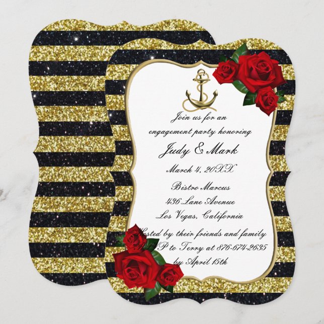 Invitation Ancre nautique Gold Black Stripe d'engagement (Devant / Derrière)