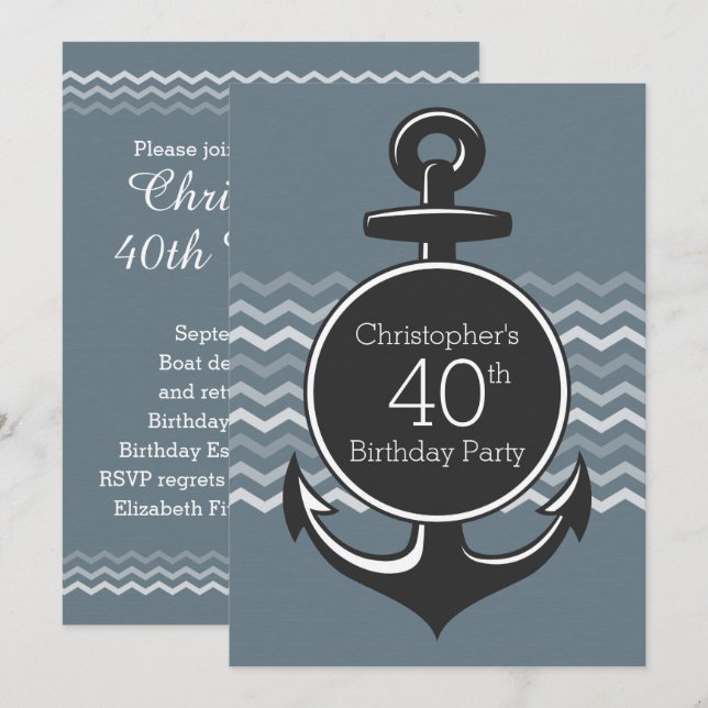 Invitation Ancre nautique Grey Chevron 40e anniversaire (Devant / Derrière)