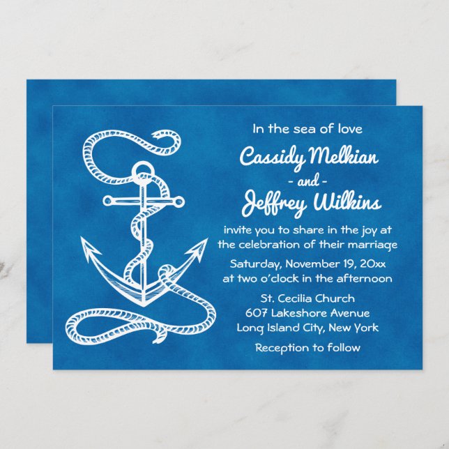 Invitation Ancre nautique Mariage de couleur bleu marine (Devant / Derrière)