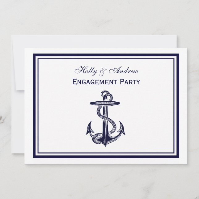 Invitation Ancre nautique Marine bleu encadré 2H Fiançailles (Devant)