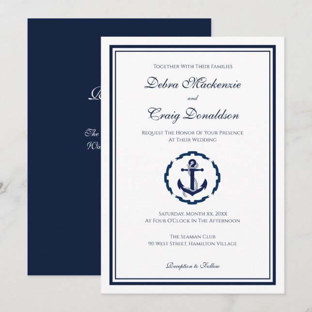 Invitation Ancre nautique, marine et Mariage blanc (Devant / Derrière)