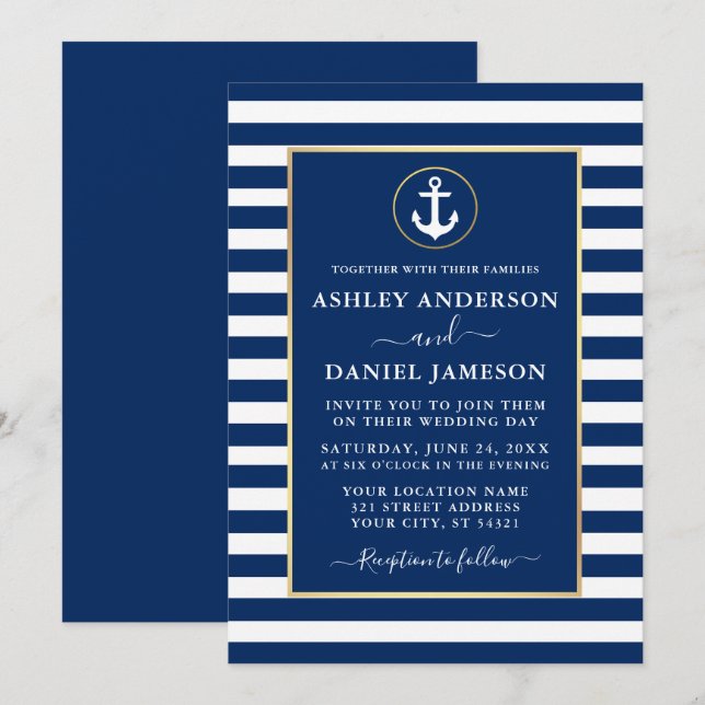 Invitation Ancre nautique moderne Gold Blue Stripes Mariage (Devant / Derrière)