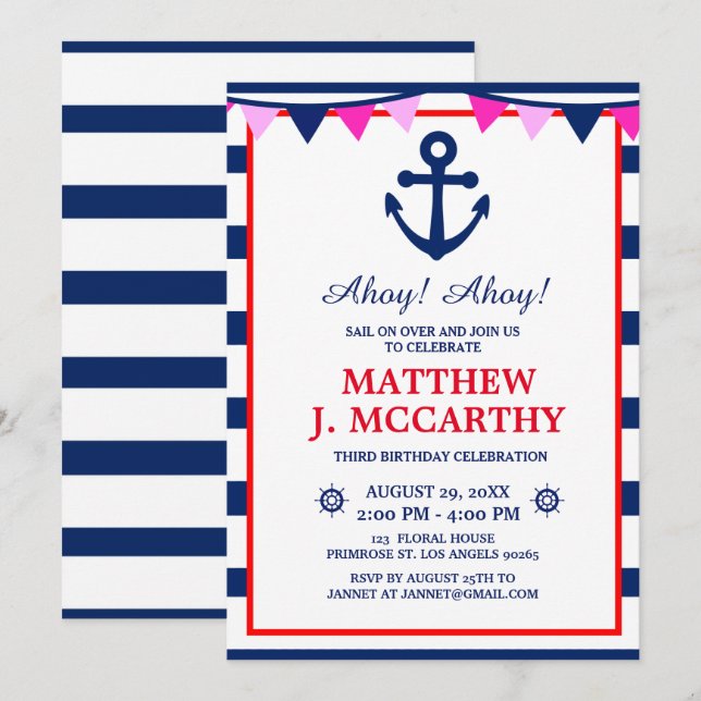Invitation Ancre nautique Navire Bébé Stripe Bébé Anniversair (Devant / Derrière)