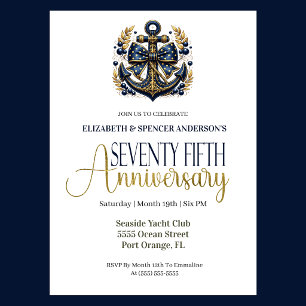 Invitation Ancre Naútíque Or Bleu 75e Anniversaire de Mariage