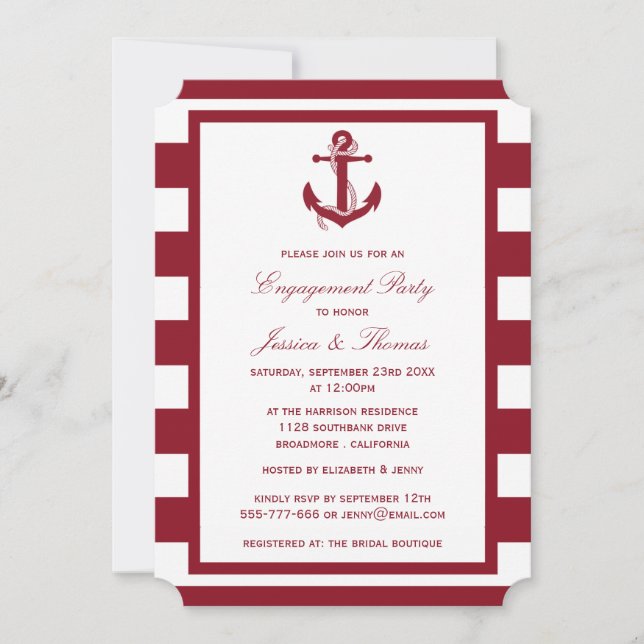 Invitation Ancre nautique Partie d'engagement Red Stripe (Devant)
