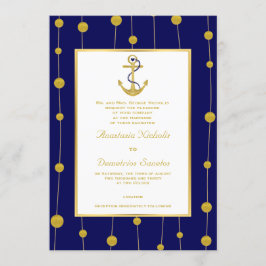 Invitation Ancre, perles d'or marine bleu marine mariage naut