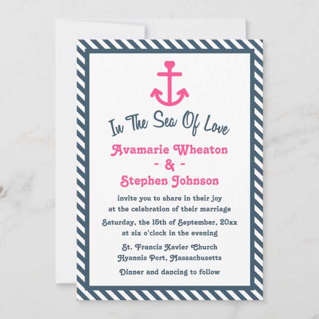 Invitation Ancre rose Nautical Navy Bleu Stripe Mariage (Devant)