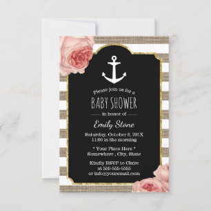 Invitation Ancre vintage rayures rustiques Baby shower floral