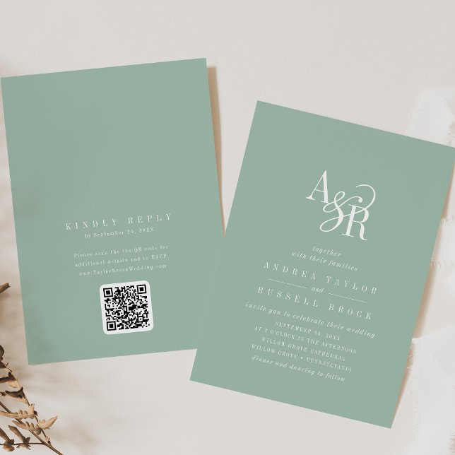 Invitation ANDREA Sage Green QR Code Classic Elegant Wedding (ANDREA Sage Green QR Code Classic Elegant Wedding Invitation)