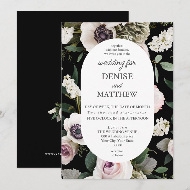 Invitation Anémon blanc sur le vrai Mariage noir (Devant / Derrière)