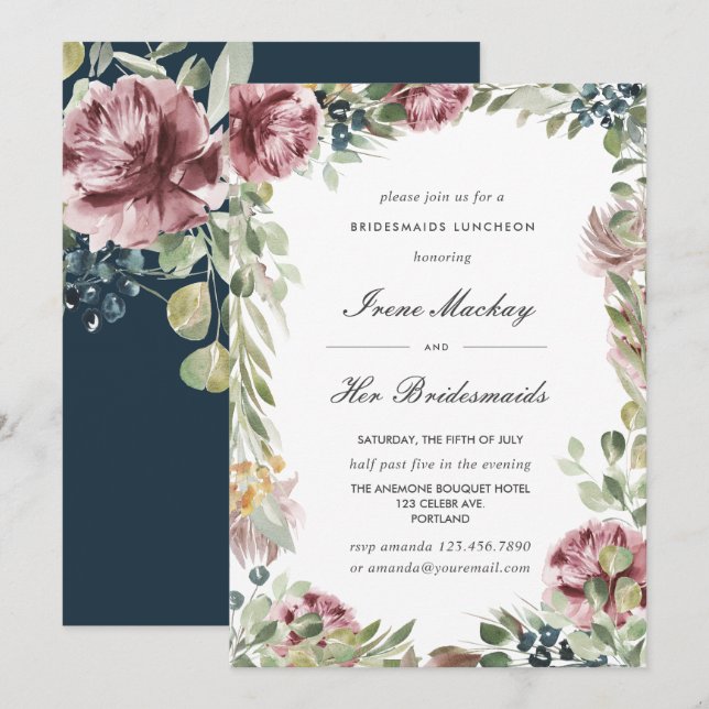 Invitation Anemone Blush Bleu Botanique BRIDESMAIDS LUNCHEON (Devant / Derrière)