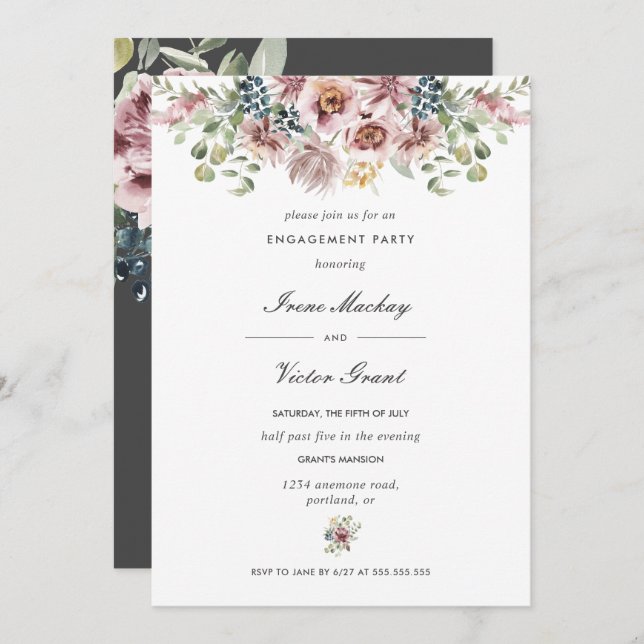 Invitation Anemone Dark Grey Botanical Engagement (Devant / Derrière)