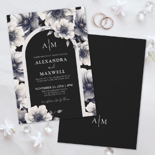 Invitation Anémone Élégante Mariage Floral Blanc Noir