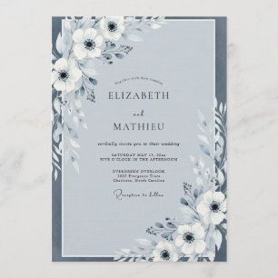 Invitation Anémone Mariage Bleu Ardoise Peint