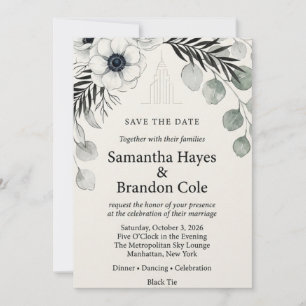 Invitation Anémone monochrome, Eucalyptus, Motif de Skyline,