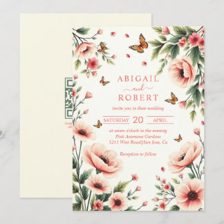 Invitation Anémone rose, papillons bordure florale mariage