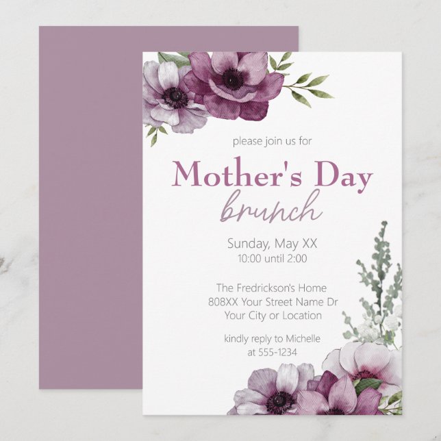Invitation Anémones & Bébé's Breath Mère's Day Brunch (Devant / Derrière)