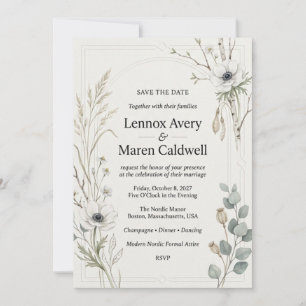 Invitation Anémones blanches, eucalyptus, branches de bouleau
