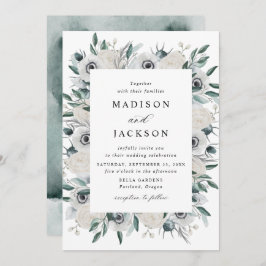 Invitation Anémones blancs et Mariage Rose