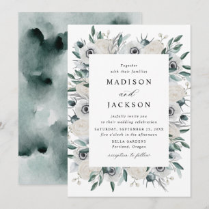 Invitation Anémones blancs et Mariage Rose