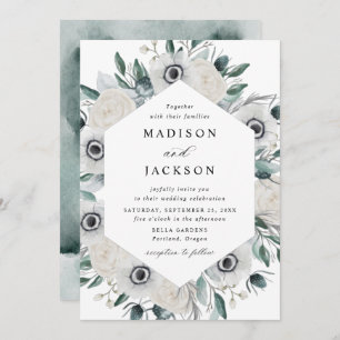 Invitation Anémones blancs et Mariage Rose