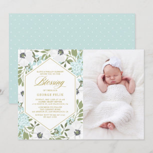 Invitation Anémones Bleu Floral Photo Bébé Bénédiction