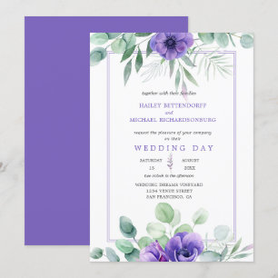 Invitation Anémones de lavande violette et bordure verte