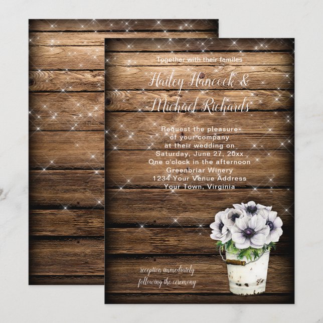 Invitation Anémones rustiques à seaux Tin Étincelles Invitati (Devant / Derrière)