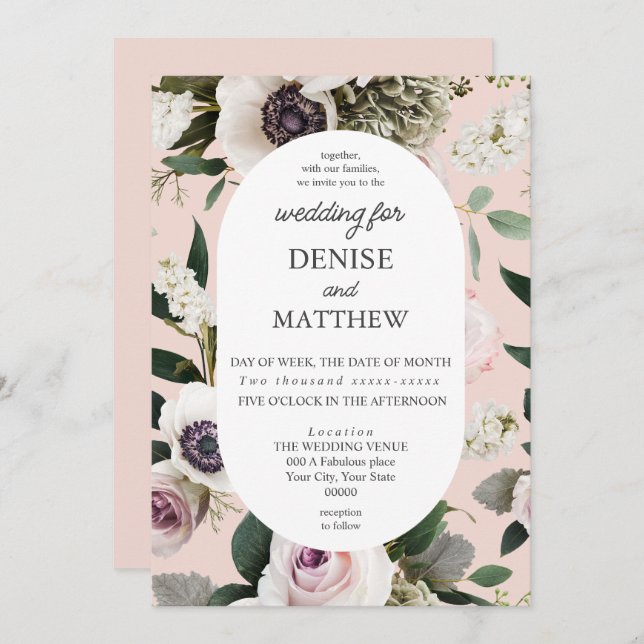 Invitation Anéone blanche sur Mariage Rose Blush (Devant / Derrière)