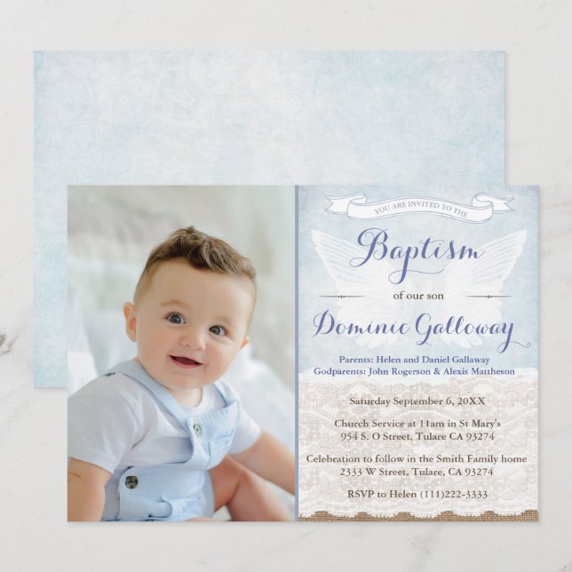 Invitation Ange ailes Burlap dentelle bébé garçon Baptême Pho (Devant / Derrière)