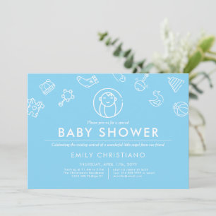 Invitation Ange couchant Baby shower minimal bleu uni