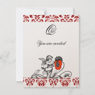 INVITATION ANGE DÉCORÉ D'UNE FLEUR ROUGE BRODÉE MONOGRAMME