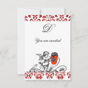 INVITATION ANGE DÉCORÉ D'UNE FLEUR ROUGE BRODÉE MONOGRAMME