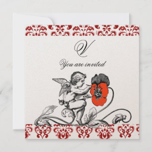 INVITATION ANGE DÉCORÉ D'UNE FLEUR ROUGE BRODÉE MONOGRAMME EN