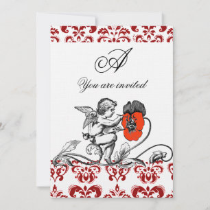 INVITATION ANGE DÉCORÉ D'UNE FLEUR ROUGE BRODERIE DE SOIE SUR