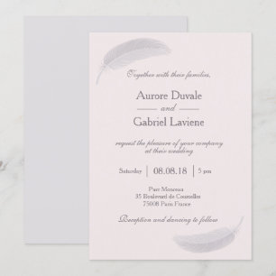 Invitation Ange Feather Blush Rose Gris Élégant Mariage