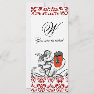 INVITATION ANGE PAINTING UNE FLEUR ROUGE DAMASSÉ MONOGRAMME L