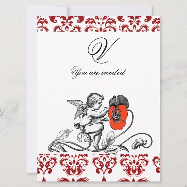 INVITATION ANGE PEINTURE D'UNE FLEUR ROUGE DAMAS MONOGRAMME (Devant)