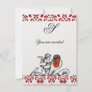 Invitation ANGE PEINTURE D'UNE FLEUR ROUGE DAMAS MONOGRAMME g