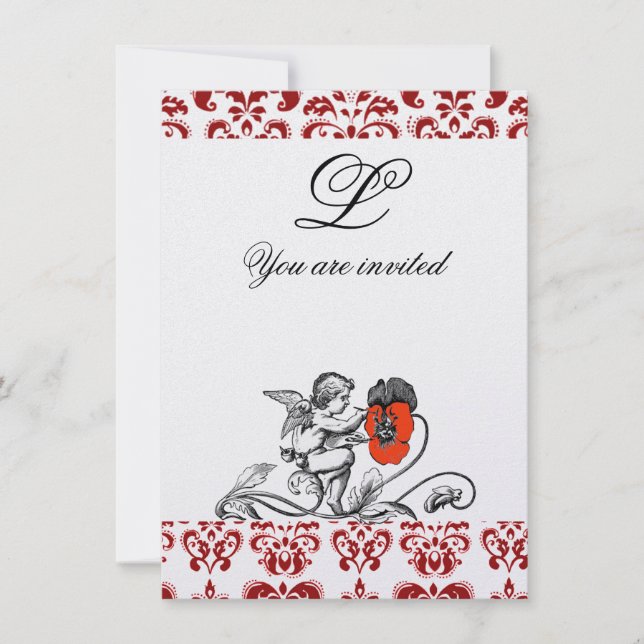 INVITATION ANGE PEINTURE D'UNE FLEUR ROUGE EN DAMAS MONOGRAMM (Devant)